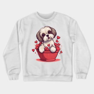 Cartoon Shih Tzu Dog in Hearts Basket Crewneck Sweatshirt